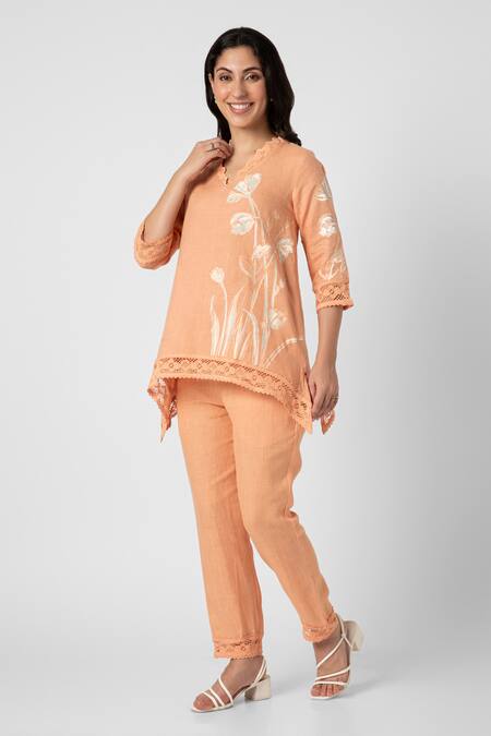 Buy_Kaveri_Orange 100% Linen V Neck Floral Oil Painted Top And Pant Set _Online_at_Aza_Fashions