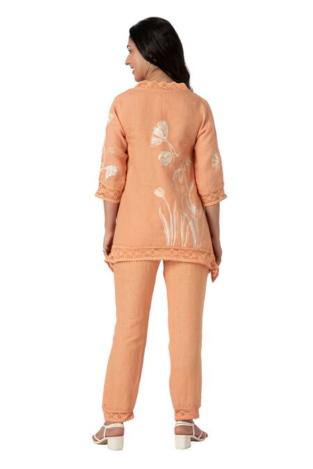Shop_Kaveri_Orange 100% Linen V Neck Floral Oil Painted Top And Pant Set _Online_at_Aza_Fashions