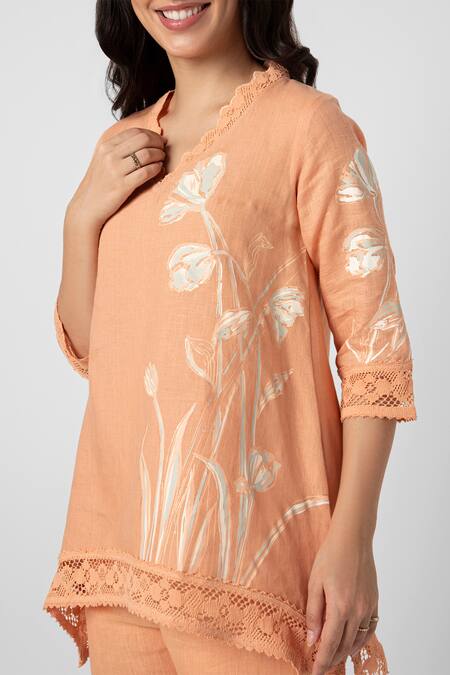 Kaveri_Orange 100% Linen V Neck Floral Oil Painted Top And Pant Set _at_Aza_Fashions