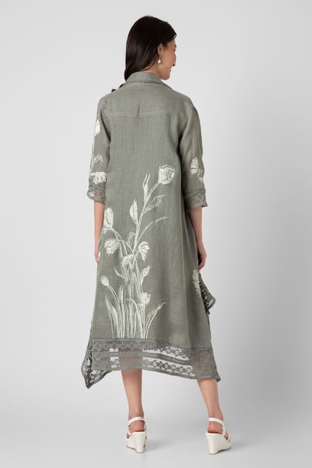 Shop Kaveri Blue Linen Round Neck Tulip Oil Painted Mykonos Dress With Jacket at Aza Fashions Shop_Kaveri_Blue Linen Round Neck Tulip Oil Painted Mykonos Dress With Jacket _at_Aza_Fashions