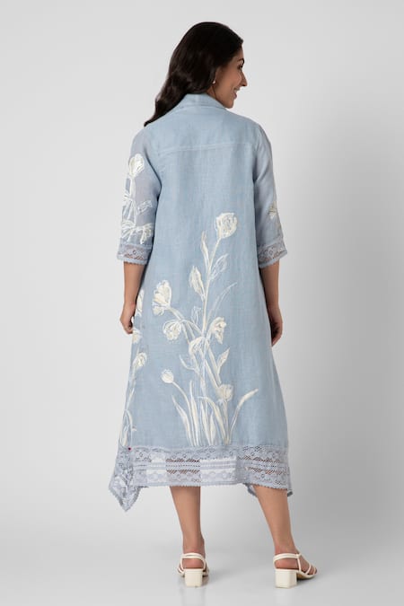 Shop Kaveri Blue Linen Lace Open Neck, Tulip Oil Painted Mykonos Midi Dress With Jacket at Aza Fashions Shop_Kaveri_Blue Linen Lace Open Neck, Tulip Oil Painted Mykonos Midi Dress With Jacket _at_Aza_Fashions