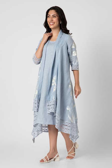 Kaveri Blue Linen Lace Open Neck, Tulip Oil Painted Mykonos Midi Dress With Jacket Online at Aza Fashions Kaveri_Blue Linen Lace Open Neck, Tulip Oil Painted Mykonos Midi Dress With Jacket _Online_at_Aza_Fashions