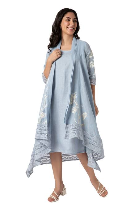 Buy Kaveri Blue Linen Lace Open Neck, Tulip Oil Painted Mykonos Midi Dress With Jacket Online at Aza Fashions Buy_Kaveri_Blue Linen Lace Open Neck, Tulip Oil Painted Mykonos Midi Dress With Jacket _Online_at_Aza_Fashions