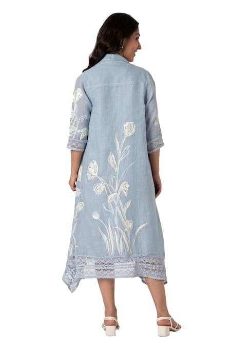 Shop Kaveri Blue Linen Lace Open Neck, Tulip Oil Painted Mykonos Midi Dress With Jacket Online at Aza Fashions Shop_Kaveri_Blue Linen Lace Open Neck, Tulip Oil Painted Mykonos Midi Dress With Jacket _Online_at_Aza_Fashions