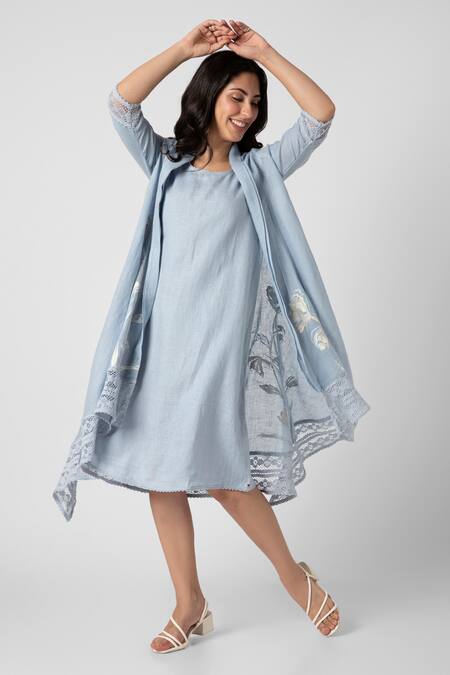 Kaveri Blue Linen Lace Open Neck, Tulip Oil Painted Mykonos Midi Dress With Jacket at Aza Fashions Kaveri_Blue Linen Lace Open Neck, Tulip Oil Painted Mykonos Midi Dress With Jacket _at_Aza_Fashions