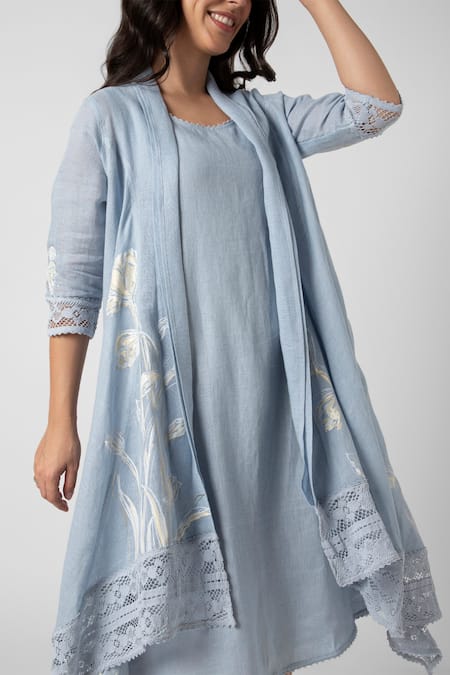 Buy Kaveri Blue Linen Lace Open Neck, Tulip Oil Painted Mykonos Midi Dress With Jacket Buy_Kaveri_Blue Linen Lace Open Neck, Tulip Oil Painted Mykonos Midi Dress With Jacket