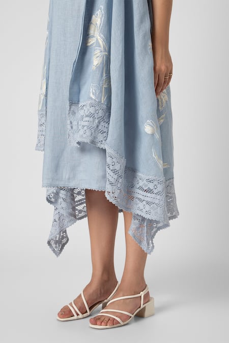 Shop Kaveri Blue Linen Lace Open Neck, Tulip Oil Painted Mykonos Midi Dress With Jacket Shop_Kaveri_Blue Linen Lace Open Neck, Tulip Oil Painted Mykonos Midi Dress With Jacket