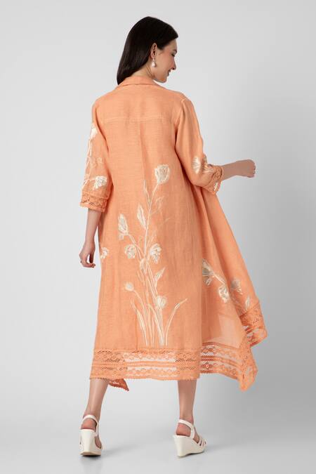Shop Kaveri Orange Linen Lace Round Neck Tulip Oil Painted Mykonos Floral Jacket With Dress at Aza Fashions Shop_Kaveri_Orange Linen Lace Round Neck Tulip Oil Painted Mykonos Floral Jacket With Dress _at_Aza_Fashions