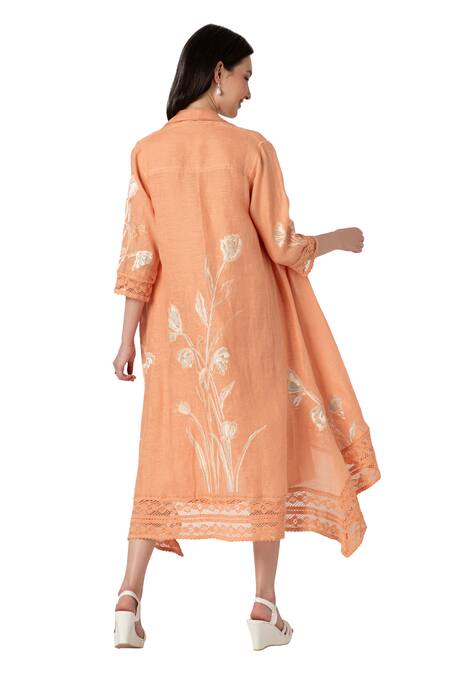 Kaveri Orange Linen Lace Round Neck Tulip Oil Painted Mykonos Floral Jacket With Dress Online at Aza Fashions Kaveri_Orange Linen Lace Round Neck Tulip Oil Painted Mykonos Floral Jacket With Dress _Online_at_Aza_Fashions