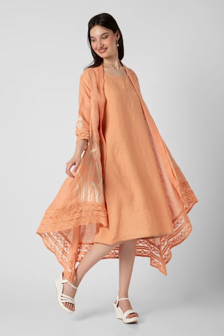 Buy Kaveri Orange Linen Lace Round Neck Tulip Oil Painted Mykonos Floral Jacket With Dress Online at Aza Fashions Buy_Kaveri_Orange Linen Lace Round Neck Tulip Oil Painted Mykonos Floral Jacket With Dress _Online_at_Aza_Fashions
