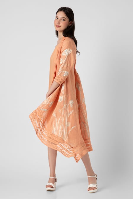 Shop Kaveri Orange Linen Lace Round Neck Tulip Oil Painted Mykonos Floral Jacket With Dress Online at Aza Fashions Shop_Kaveri_Orange Linen Lace Round Neck Tulip Oil Painted Mykonos Floral Jacket With Dress _Online_at_Aza_Fashions
