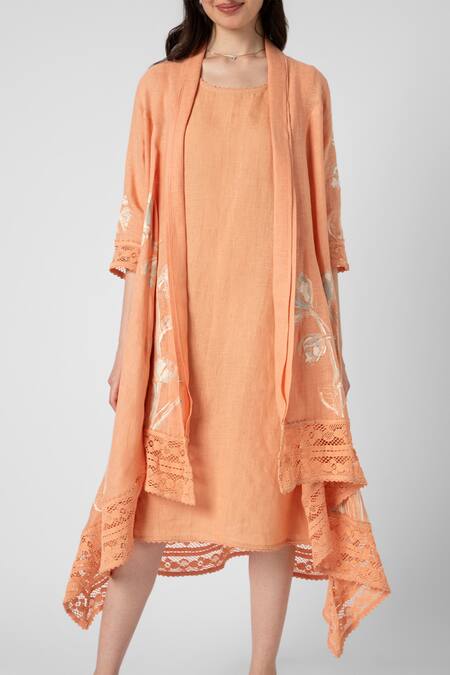 Kaveri Orange Linen Lace Round Neck Tulip Oil Painted Mykonos Floral Jacket With Dress at Aza Fashions Kaveri_Orange Linen Lace Round Neck Tulip Oil Painted Mykonos Floral Jacket With Dress _at_Aza_Fashions