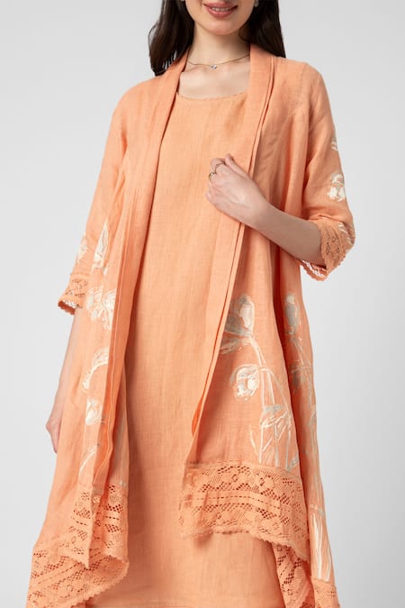 Buy Kaveri Orange Linen Lace Round Neck Tulip Oil Painted Mykonos Floral Jacket With Dress Buy_Kaveri_Orange Linen Lace Round Neck Tulip Oil Painted Mykonos Floral Jacket With Dress
