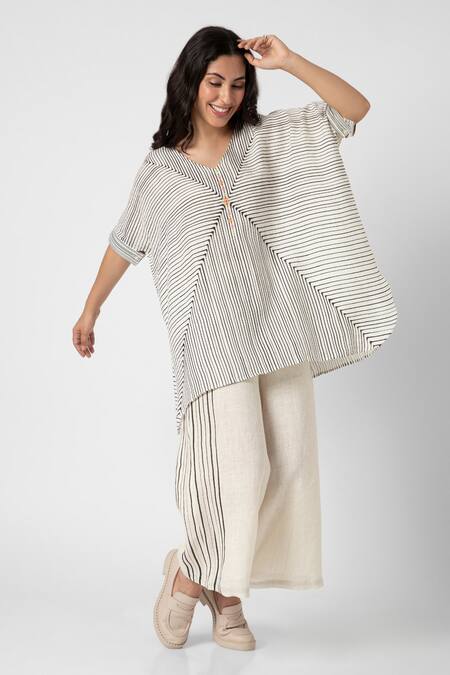 Kaveri_Beige 100% Linen V Neck Intersection Square Striped Top And Pant Set _Online_at_Aza_Fashions
