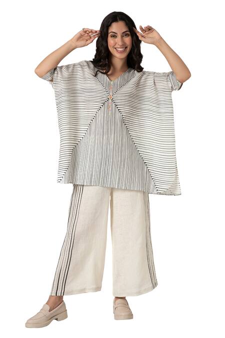 Buy_Kaveri_Beige 100% Linen V Neck Intersection Square Striped Top And Pant Set _Online_at_Aza_Fashions