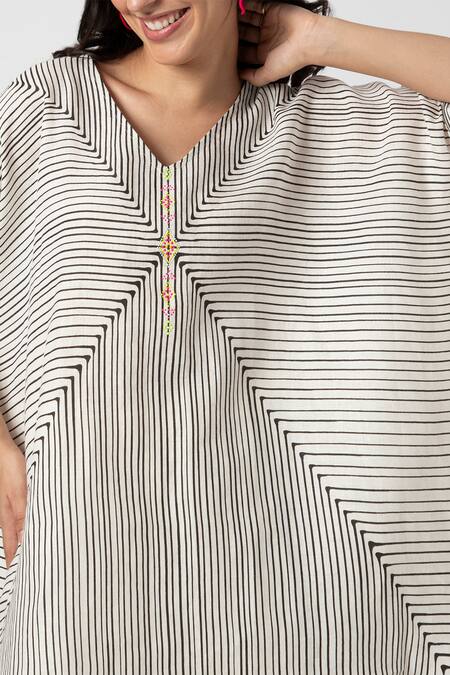 Shop_Kaveri_Beige 100% Linen V Neck Intersection Square Striped Top And Pant Set _Online_at_Aza_Fashions