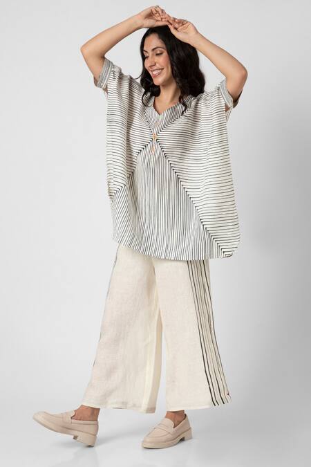 Kaveri_Beige 100% Linen V Neck Intersection Square Striped Top And Pant Set _at_Aza_Fashions