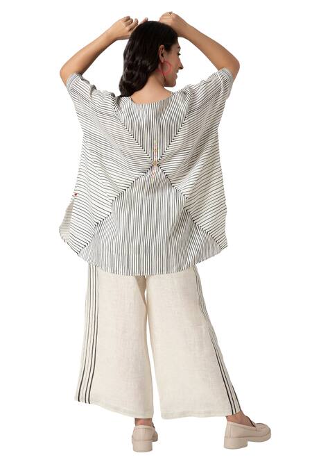 Shop_Kaveri_Beige 100% Linen V Neck Intersection Square Striped Top And Pant Set 