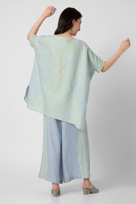 Shop Kaveri Blue 100% Linen V Neck Intersection Square Top And Pant Set at Aza Fashions Shop_Kaveri_Blue 100% Linen V Neck Intersection Square Top And Pant Set _at_Aza_Fashions