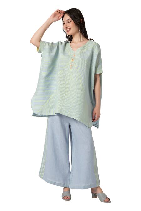 Kaveri Blue 100% Linen V Neck Intersection Square Top And Pant Set Online at Aza Fashions Kaveri_Blue 100% Linen V Neck Intersection Square Top And Pant Set _Online_at_Aza_Fashions