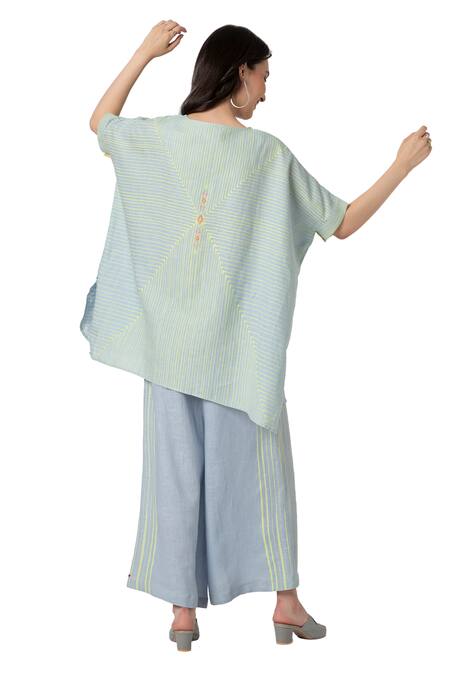 Shop Kaveri Blue 100% Linen V Neck Intersection Square Top And Pant Set Online at Aza Fashions Shop_Kaveri_Blue 100% Linen V Neck Intersection Square Top And Pant Set _Online_at_Aza_Fashions