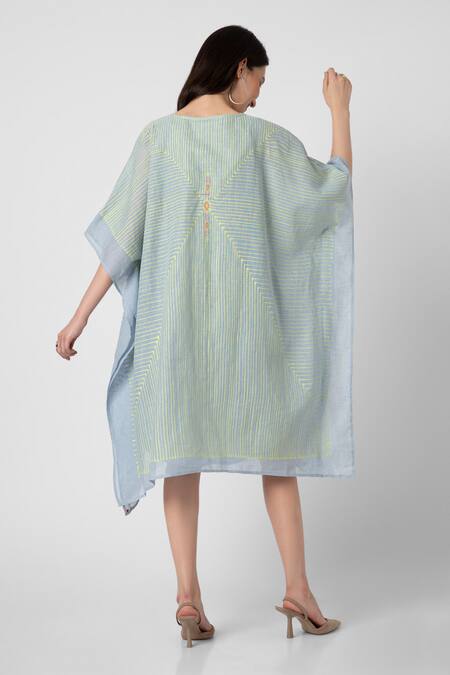 Shop Kaveri Blue Linen V-neck Geometric Screen Print Kaftan With Inner at Aza Fashions Shop_Kaveri_Blue Linen V-neck Geometric Screen Print Kaftan With Inner_at_Aza_Fashions