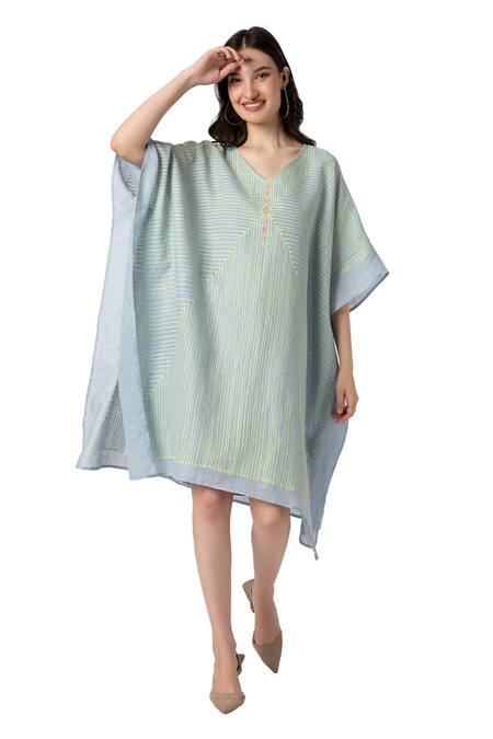 Kaveri Blue Linen V-neck Geometric Screen Print Kaftan With Inner Online at Aza Fashions Kaveri_Blue Linen V-neck Geometric Screen Print Kaftan With Inner_Online_at_Aza_Fashions