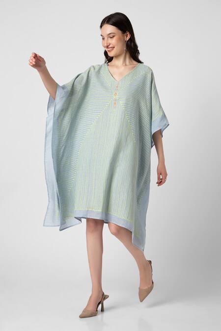 Buy Kaveri Blue Linen V-neck Geometric Screen Print Kaftan With Inner Online at Aza Fashions Buy_Kaveri_Blue Linen V-neck Geometric Screen Print Kaftan With Inner_Online_at_Aza_Fashions
