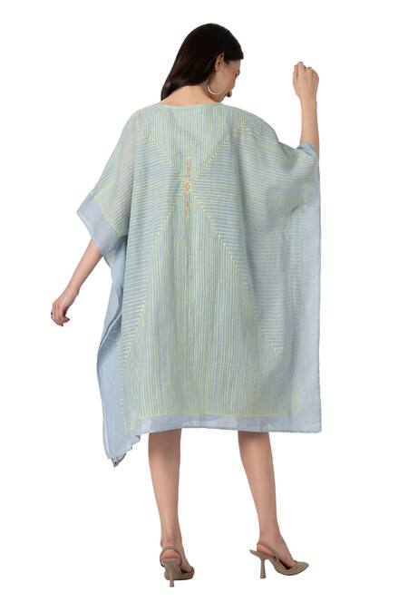 Shop Kaveri Blue Linen V-neck Geometric Screen Print Kaftan With Inner Online at Aza Fashions Shop_Kaveri_Blue Linen V-neck Geometric Screen Print Kaftan With Inner_Online_at_Aza_Fashions