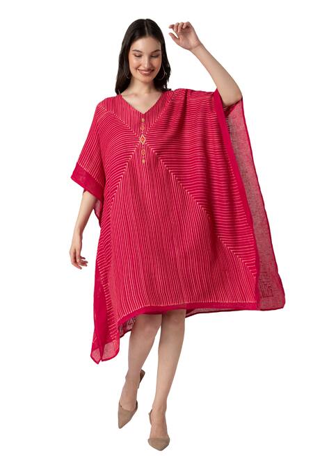 Kaveri_Pink Linen V-neck Geometric Print Kaftan_Online_at_Aza_Fashions