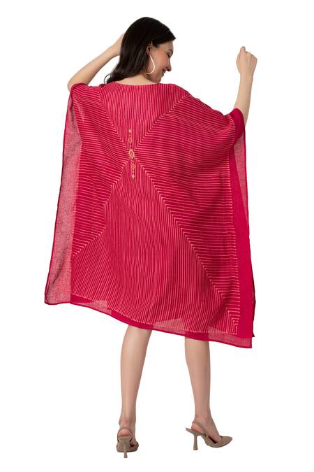Shop_Kaveri_Pink Linen V-neck Geometric Print Kaftan_Online_at_Aza_Fashions