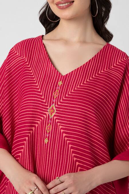Buy_Kaveri_Pink Linen V-neck Geometric Print Kaftan