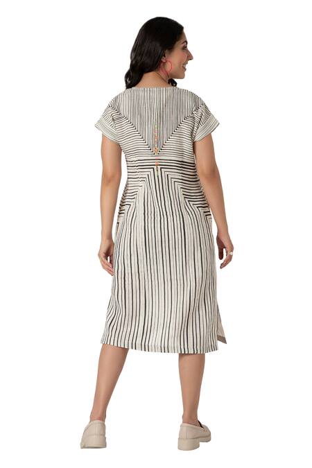 Kaveri_White Linen V-neck Hand Screen Print Midi Dress_at_Aza_Fashions