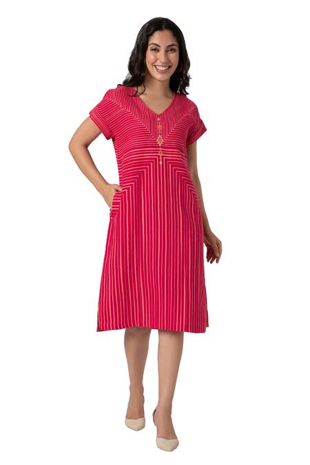 Buy Kaveri Pink Linen Studs V-neck Hand Screen Print Dress Online at Aza Fashions Buy_Kaveri_Pink Linen Studs V-neck Hand Screen Print Dress_Online_at_Aza_Fashions