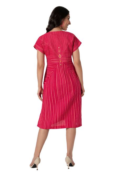 Shop Kaveri Pink Linen Studs V-neck Hand Screen Print Dress Online at Aza Fashions Shop_Kaveri_Pink Linen Studs V-neck Hand Screen Print Dress_Online_at_Aza_Fashions