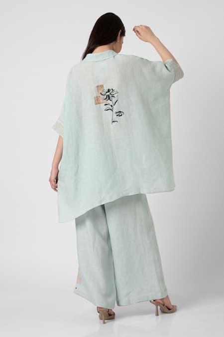 Shop Kaveri Blue 100% Linen Embroidered Zardosi Beaten Metal Square Top And Pant Set at Aza Fashions Shop_Kaveri_Blue 100% Linen Embroidered Zardosi Beaten Metal Square Top And Pant Set _at_Aza_Fashions