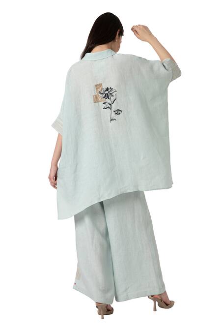 Kaveri Blue 100% Linen Embroidered Zardosi Beaten Metal Square Top And Pant Set Online at Aza Fashions Kaveri_Blue 100% Linen Embroidered Zardosi Beaten Metal Square Top And Pant Set _Online_at_Aza_Fashions