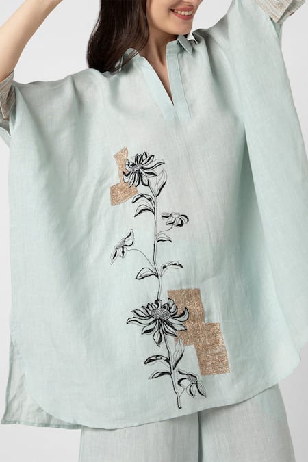 Buy Kaveri Blue 100% Linen Embroidered Zardosi Beaten Metal Square Top And Pant Set Online at Aza Fashions Buy_Kaveri_Blue 100% Linen Embroidered Zardosi Beaten Metal Square Top And Pant Set _Online_at_Aza_Fashions