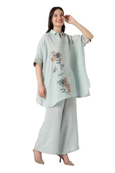 Kaveri Blue 100% Linen Embroidered Zardosi Beaten Metal Square Top And Pant Set at Aza Fashions Kaveri_Blue 100% Linen Embroidered Zardosi Beaten Metal Square Top And Pant Set _at_Aza_Fashions