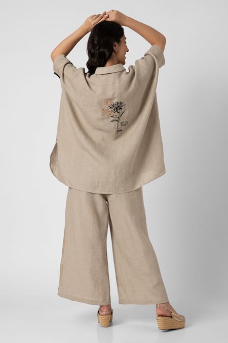 Shop Kaveri Beige 100% Linen Embroidered Beaten Metal Square Top And Pant Set at Aza Fashions Shop_Kaveri_Beige 100% Linen Embroidered Beaten Metal Square Top And Pant Set _at_Aza_Fashions