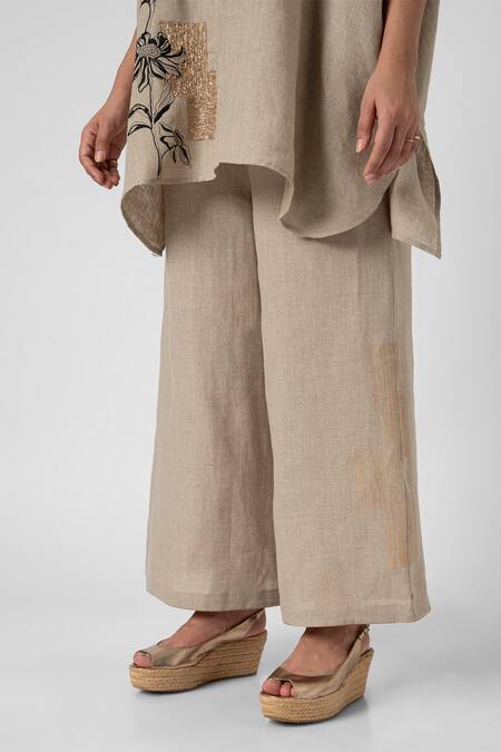 Buy Kaveri Beige 100% Linen Embroidered Beaten Metal Square Top And Pant Set Online at Aza Fashions Buy_Kaveri_Beige 100% Linen Embroidered Beaten Metal Square Top And Pant Set _Online_at_Aza_Fashions