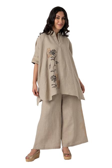 Shop Kaveri Beige 100% Linen Embroidered Beaten Metal Square Top And Pant Set Online at Aza Fashions Shop_Kaveri_Beige 100% Linen Embroidered Beaten Metal Square Top And Pant Set _Online_at_Aza_Fashions
