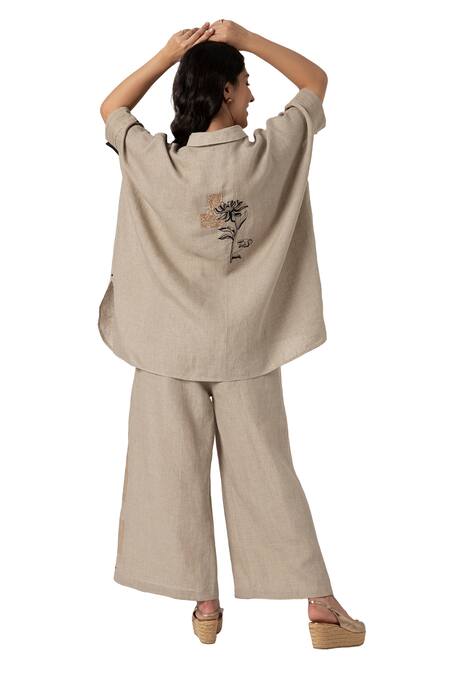 Buy Kaveri Beige 100% Linen Embroidered Beaten Metal Square Top And Pant Set Buy_Kaveri_Beige 100% Linen Embroidered Beaten Metal Square Top And Pant Set