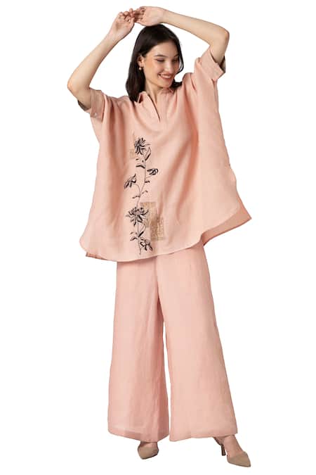 Kaveri_Pink 100% Linen Embroidered Beaten Metal Square Floral Top And Pant Set  _Online_at_Aza_Fashions