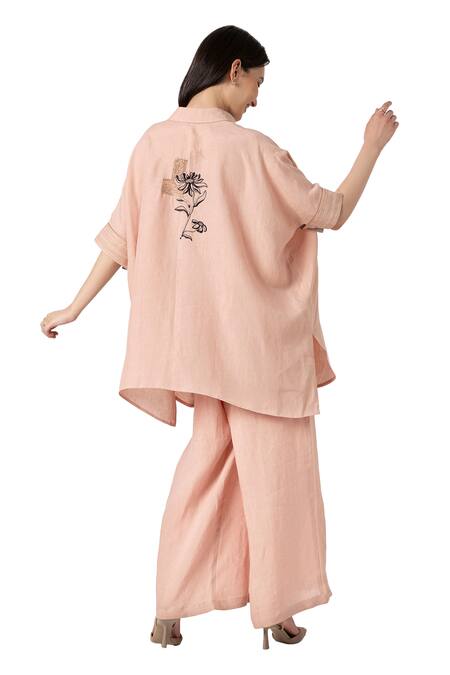 Buy_Kaveri_Pink 100% Linen Embroidered Beaten Metal Square Floral Top And Pant Set  _Online_at_Aza_Fashions