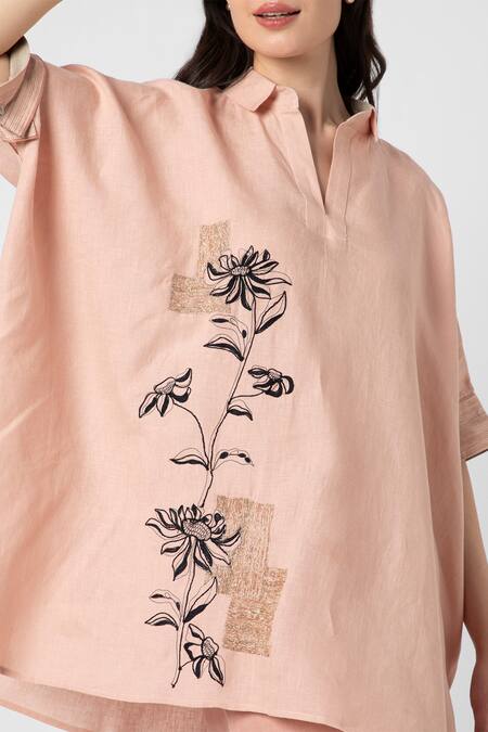 Shop_Kaveri_Pink 100% Linen Embroidered Beaten Metal Square Floral Top And Pant Set  _Online_at_Aza_Fashions