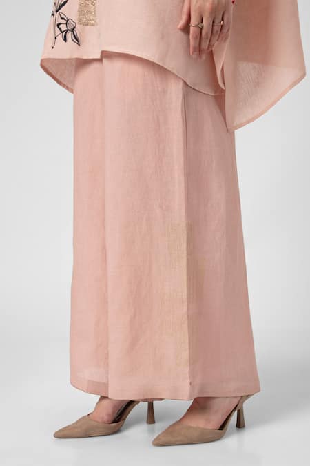 Kaveri_Pink 100% Linen Embroidered Beaten Metal Square Floral Top And Pant Set  _at_Aza_Fashions