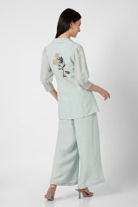 Shop Kaveri Blue Linen Embroidery Collared Beaten Metal Tie-up Top And Pant Set at Aza Fashions Shop_Kaveri_Blue Linen Embroidery Collared Beaten Metal Tie-up Top And Pant Set _at_Aza_Fashions