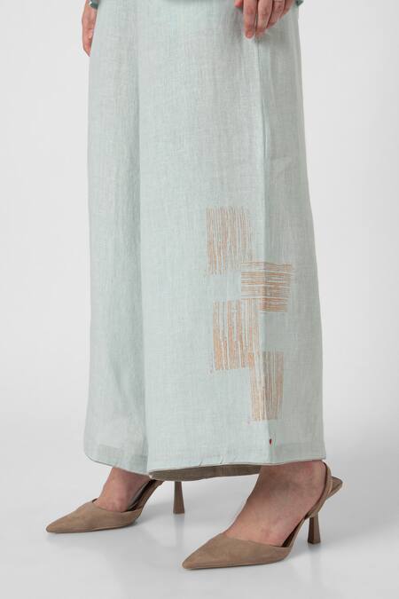 Kaveri Blue Linen Embroidery Collared Beaten Metal Tie-up Top And Pant Set Online at Aza Fashions Kaveri_Blue Linen Embroidery Collared Beaten Metal Tie-up Top And Pant Set _Online_at_Aza_Fashions