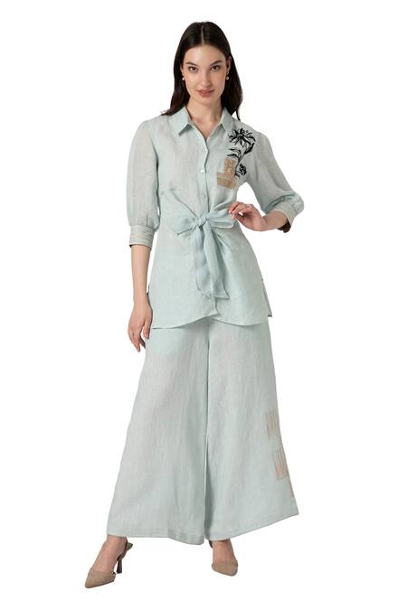 Shop Kaveri Blue Linen Embroidery Collared Beaten Metal Tie-up Top And Pant Set Online at Aza Fashions Shop_Kaveri_Blue Linen Embroidery Collared Beaten Metal Tie-up Top And Pant Set _Online_at_Aza_Fashions